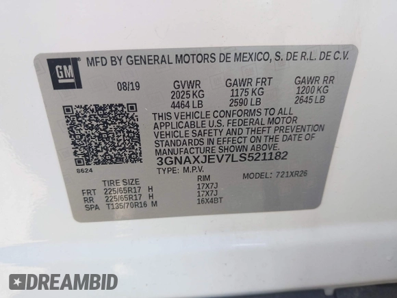 2020 Chevrolet Equinox LT с VIN 3GNAXJEV7LS521182, выставлен на аукционе IAAI как лот 40844466 с пробегом 65 994 миль миль и . История ставок и продаж доступна на DreamBid. Изображение 9.