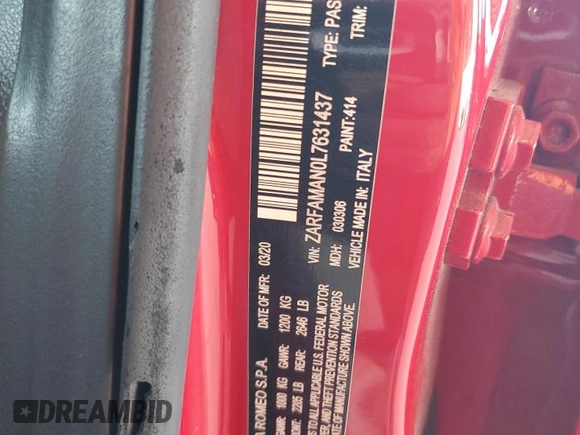 2020 Alfa Romeo Giulia z VIN ZARFAMAN0L7631437, wystawiony jako Copart lot #55608895 z przebiegiem 59 047 mil mil oraz Nie do naprawy • Non repairable. Historia ofert i sprzedaży dostępna na DreamBid. Obrazek 12.
