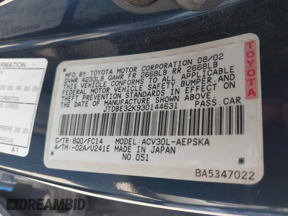 2003 Toyota Camry LE with VIN JTDBE32K930144631, listed as a IAAI auction lot 41994259 with 196,898 mi miles and . Bid and sale history available at DreamBid. Image 9.