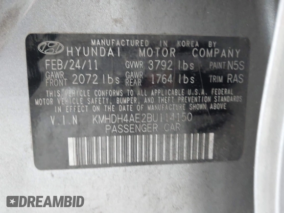 2011 Hyundai Elantra GLS with VIN KMHDH4AE2BU114150, listed as a IAAI auction lot 42386738 with 106,304 mi miles and . Bid and sale history available at DreamBid. Image 9.