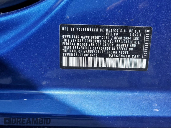 2024 Volkswagen Jetta S with VIN 3VW5M7BU0RM018413, listed as a Copart auction lot 55942274 with 3,555 mi miles and Salvage title. Bid and sale history available at DreamBid. Image 12.