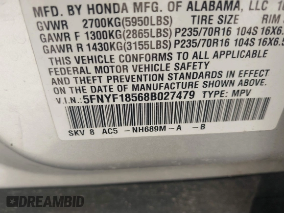 2008 Honda Pilot EX-L with VIN 5FNYF18568B027479, listed as a IAAI auction lot 41820222 with 202,416 mi miles. Bid and sale history available at carsss.com. Image 9.