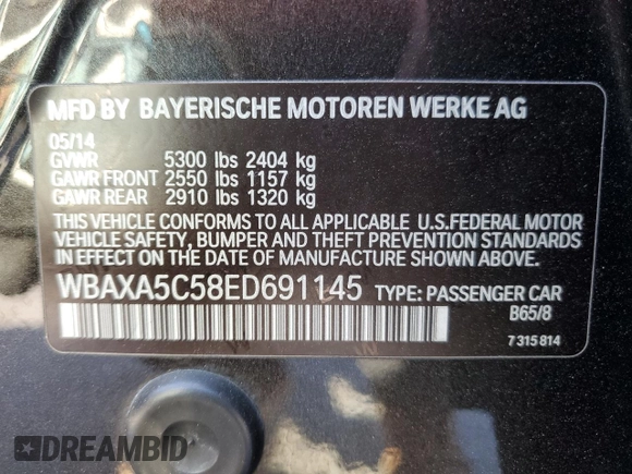 2014 BMW 5 Series 535d with VIN WBAXA5C58ED691145, listed as a Copart auction lot 50020125 with 141,297 mi miles and Salvage Title. Bid and sale history available at carsss.com. Image 12.