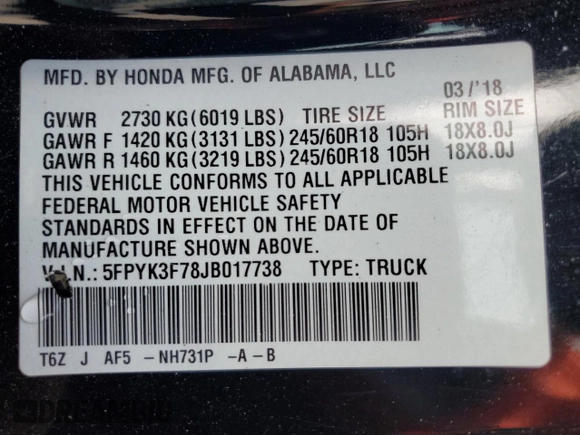 2018 Honda Ridgeline RTL-E with VIN 5FPYK3F78JB017738, listed as a Copart auction lot 62852835 with 95,778 mi miles and Salvage title. Bid and sale history available at DreamBid. Image 12.