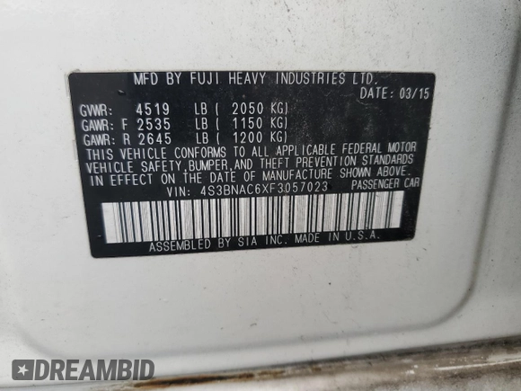 2015 Subaru Legacy Premium с VIN 4S3BNAC6XF3057023, выставлен на аукционе Copart как лот 57158425 с пробегом 103 368 миль миль и Списание • Salvage title. История ставок и продаж доступна на DreamBid. Изображение 12.