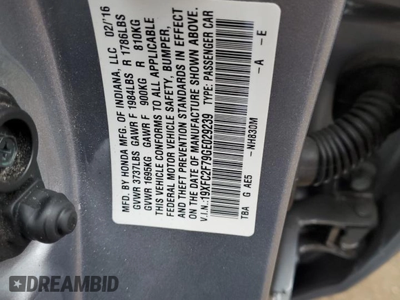 2016 Honda Civic Sedan EX with VIN 19XFC2F79GE029239, listed as a Copart auction lot 88802425 with 54,883 mi miles and Salvage Title. Bid and sale history available at carsss.com. Image 12.