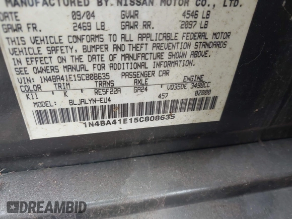 2005 Nissan Maxima SE с VIN 1N4BA41E15C808635, выставлен на аукционе IAAI как лот 42255373 с пробегом Не указан миль и . История ставок и продаж доступна на DreamBid. Изображение 9.