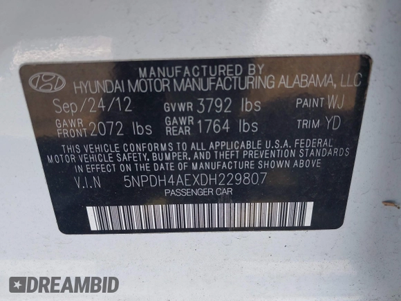 2013 Hyundai Elantra Limited with VIN 5NPDH4AEXDH229807, listed as a IAAI auction lot 40855831 with 97,280 mi miles and . Bid and sale history available at DreamBid. Image 9.