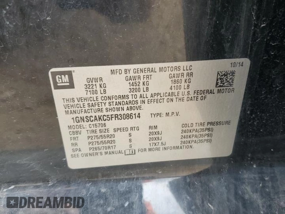 2015 Chevrolet Tahoe LS with VIN 1GNSCAKC5FR308614, listed as a Copart auction lot 60138355 with 145,797 mi miles and Salvage title. Bid and sale history available at DreamBid. Image 12.