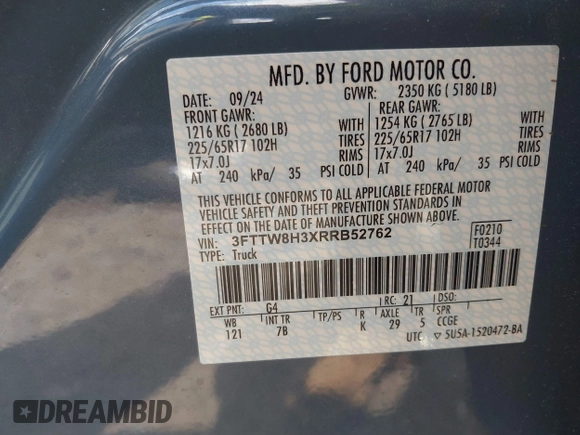 2024 Ford Maverick XLT z VIN 3FTTW8H3XRRB52762, wystawiony jako IAAI lot #42107546 z przebiegiem 6 627 mil mil oraz . Historia ofert i sprzedaży dostępna na DreamBid. Obrazek 9.