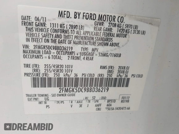 2011 Ford Flex Limited with VIN 2FMGK5DC9BBD36219, listed as a IAAI auction lot 42023656 with 182,335 mi miles. Bid and sale history available at carsss.com. Image 9.