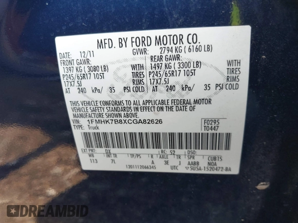 2012 Ford Explorer with VIN 1FMHK7B8XCGA82626, listed as a IAAI auction lot 42266307 with 153,988 mi miles and . Bid and sale history available at DreamBid. Image 9.
