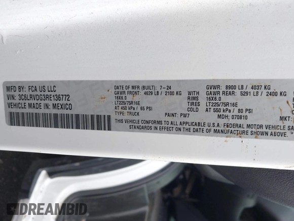 2024 Ram ProMaster Cargo Tradesman with VIN 3C6LRVDG3RE136772, listed as a IAAI auction lot 41879274 with 17,458 mi miles and . Bid and sale history available at DreamBid. Image 8.
