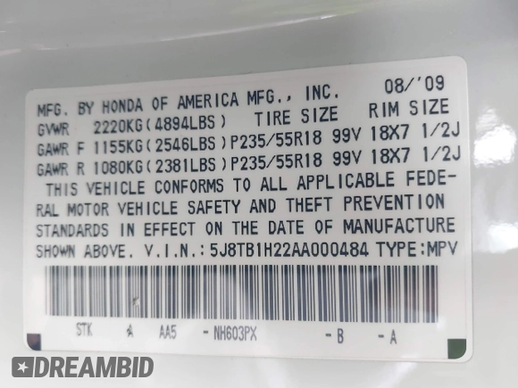 2010 Acura RDX with VIN 5J8TB1H22AA000484, listed as a IAAI auction lot 41601876 with 148,109 mi miles. Bid and sale history available at carsss.com. Image 9.