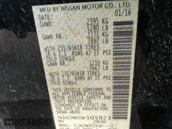 2016 Nissan Murano SL z VIN 5N1AZ2MH3GN105923, wystawiony jako IAAI lot #40622962 z przebiegiem 107 922 mil mil oraz . Historia ofert i sprzedaży dostępna na DreamBid. Obrazek 9.