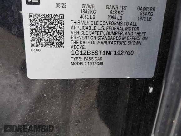 2022 Chevrolet Malibu LS with VIN 1G1ZB5ST1NF192760, listed as a Copart auction lot 50767165 with 68,505 mi miles and Salvage Title. Bid and sale history available at DreamBid. Image 12.
