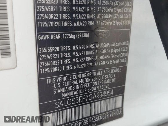 2016 Land Rover Range Rover Supercharged with VIN SALGS3EF7GA294954, listed as a Copart auction lot 56308915 with 97,375 mi miles and Clean title. Bid and sale history available at DreamBid. Image 13.