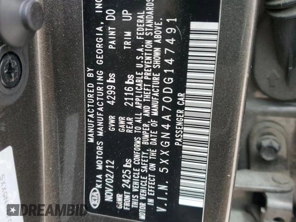 2013 Kia Optima EX with VIN 5XXGN4A70DG147491, listed as a Copart auction lot 51380185 with 0 mi miles and Salvage Title. Bid and sale history available at carsss.com. Image 13.