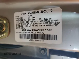 1998 Nissan Maxima GXE с VIN JN1CA21DXWT527738, выставлен на аукционе Copart как лот 57276725 с пробегом 109 453 миль миль и Списание • Salvage title. История ставок и продаж доступна на DreamBid. Изображение 12.