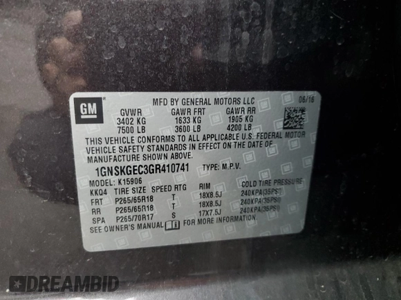 2016 Chevrolet Suburban LS with VIN 1GNSKGEC3GR410741, listed as a Copart auction lot 81327194 with 50,573 mi miles and Salvage Title. Bid and sale history available at carsss.com. Image 14.