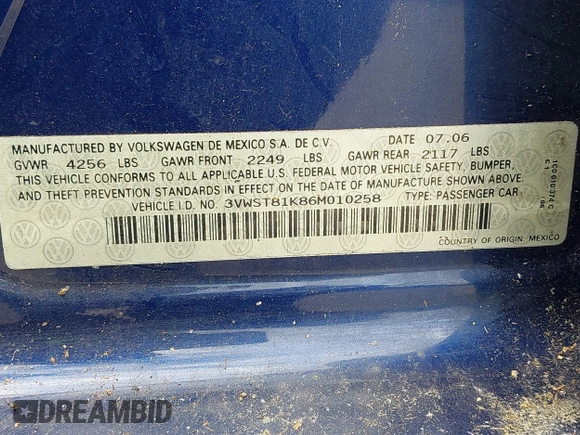 2006 Volkswagen Jetta 1.9L TDI с VIN 3VWST81K86M010258, выставлен на аукционе IAAI как лот 42313051 с пробегом 237 952 миль миль и . История ставок и продаж доступна на DreamBid. Изображение 9.