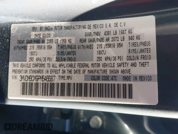 2023 Mazda CX-30 S Carbon Edition z VIN 3MVDMBCM9PM546687, wystawiony jako IAAI lot #41395628 z przebiegiem 13 878 mil mil oraz . Historia ofert i sprzedaży dostępna na DreamBid. Obrazek 9.