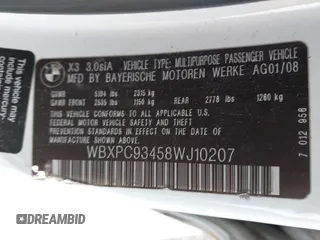 2008 BMW X3 3.0si with VIN WBXPC93458WJ10207, listed as a IAAI auction lot 42156621 with 105,813 mi miles and . Bid and sale history available at DreamBid. Image 9.
