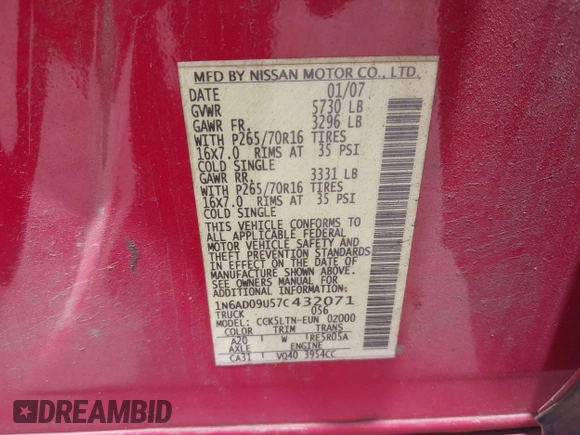 2007 Nissan Frontier SE with VIN 1N6AD09U57C432071, listed as a IAAI auction lot 42557371 with 182,098 mi miles and . Bid and sale history available at DreamBid. Image 9.