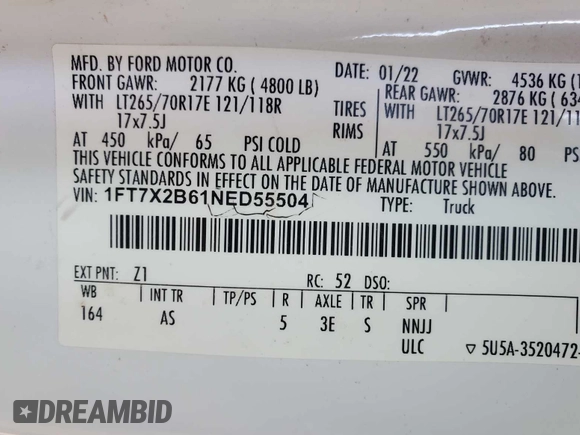 2022 Ford F-250 XL with VIN 1FT7X2B61NED55504, listed as a IAAI auction lot 42616391 with 74,446 mi miles and . Bid and sale history available at DreamBid. Image 3.