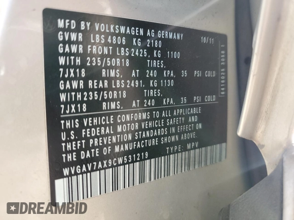 2012 Volkswagen Tiguan SE z VIN WVGAV7AX9CW531219, wystawiony jako Copart lot #81881644 z przebiegiem 125 695 mil mil oraz Szkoda całkowita • Salvage title. Historia ofert i sprzedaży dostępna na DreamBid. Obrazek 15.