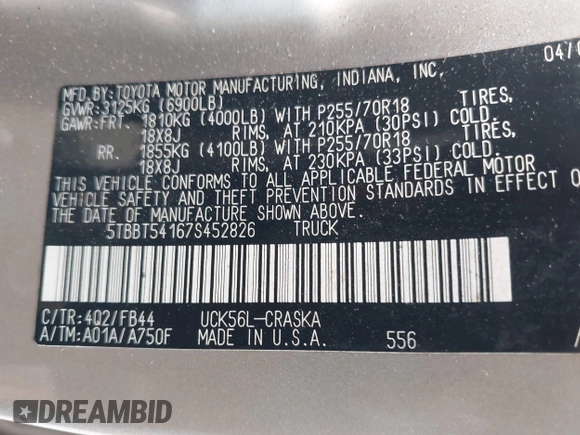 2007 Toyota Tundra SR5 с VIN 5TBBT54167S452826, выставлен на аукционе IAAI как лот 41956464 с пробегом 231 437 миль миль и . История ставок и продаж доступна на DreamBid. Изображение 9.