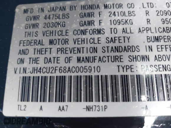 2010 Acura TSX z VIN JH4CU2F68AC005910, wystawiony jako IAAI lot #42361137 z przebiegiem 153 209 mil mil oraz . Historia ofert i sprzedaży dostępna na DreamBid. Obrazek 9.