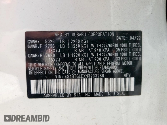 2022 Subaru Outback Onyx XT with VIN 4S4BTGLDXN3233280, listed as a Copart auction lot 58017115 with 51,971 mi miles and Salvage title. Bid and sale history available at DreamBid. Image 14.
