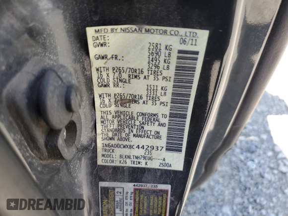 2011 Nissan Frontier SV with VIN 1N6AD0CWXBC442937, listed as a Copart auction lot 61767125 with 212,176 mi miles and Clean title. Bid and sale history available at DreamBid. Image 12.