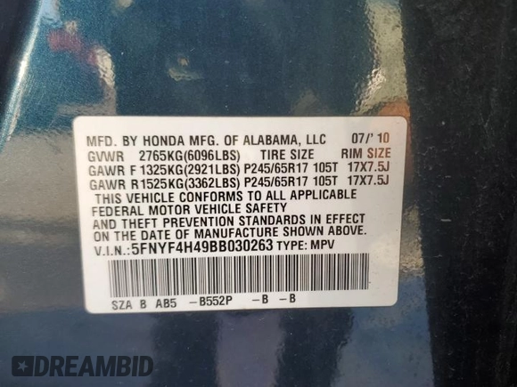 2011 Honda Pilot EX with VIN 5FNYF4H49BB030263, listed as a Copart auction lot 50181115 with 163,840 mi miles and Clean Title. Bid and sale history available at DreamBid. Image 13.