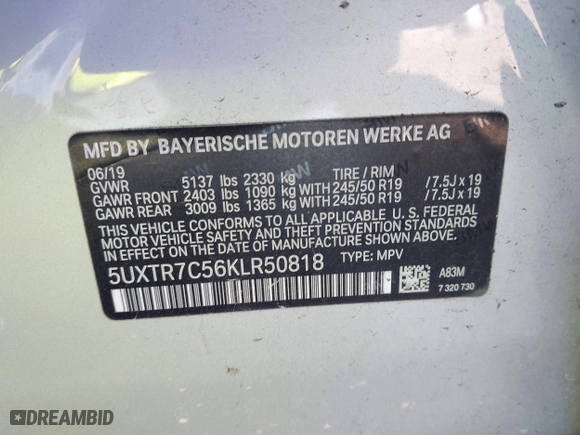 2019 BMW X3 sDrive30i with VIN 5UXTR7C56KLR50818, listed as a IAAI auction lot 41847811 with 88,592 mi miles. Bid and sale history available at carsss.com. Image 9.