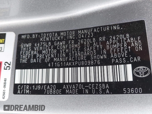 2023 Toyota Camry SE with VIN 4T1G11AKXPU809876, listed as a IAAI auction lot 42100546 with 35,055 mi miles and . Bid and sale history available at DreamBid. Image 9.