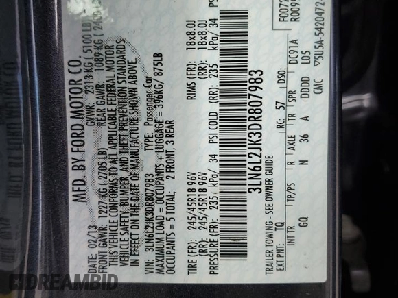2013 Lincoln MKZ with VIN 3LN6L2JK3DR807983, listed as a Copart auction lot 46877285 with 55,017 mi miles and Salvage Title. Bid and sale history available at carsss.com. Image 12.