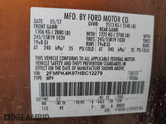 2017 Ford Edge Titanium with VIN 2FMPK4K97HBC12279, listed as a Copart auction lot 49609275 with 87,333 mi miles and Salvage Title. Bid and sale history available at carsss.com. Image 12.