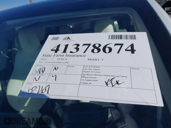 2021 Tesla Model Y Standard Range z VIN 5YJYGDED4MF162982, wystawiony jako IAAI lot #41378674 z przebiegiem 60 267 mil mil oraz . Historia ofert i sprzedaży dostępna na DreamBid. Obrazek 18.