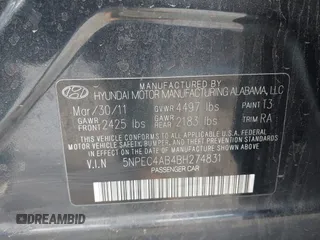 2011 Hyundai Sonata Limited with VIN 5NPEC4AB4BH274831, listed as a IAAI auction lot 42125816 with 174,999 mi miles and . Bid and sale history available at DreamBid. Image 9.