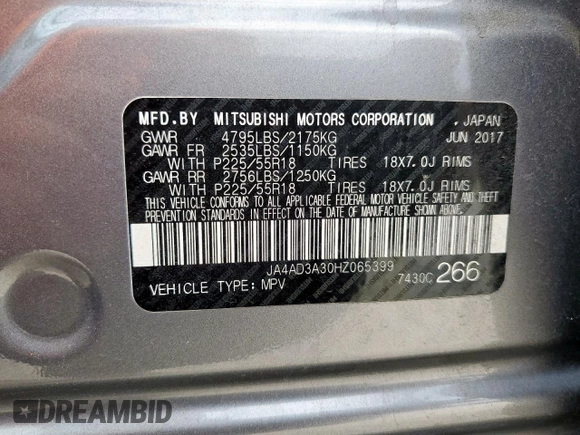 2017 Mitsubishi Outlander SE with VIN JA4AD3A30HZ065399, listed as a Copart auction lot 60327365 with 134,287 mi miles and Salvage title. Bid and sale history available at DreamBid. Image 14.