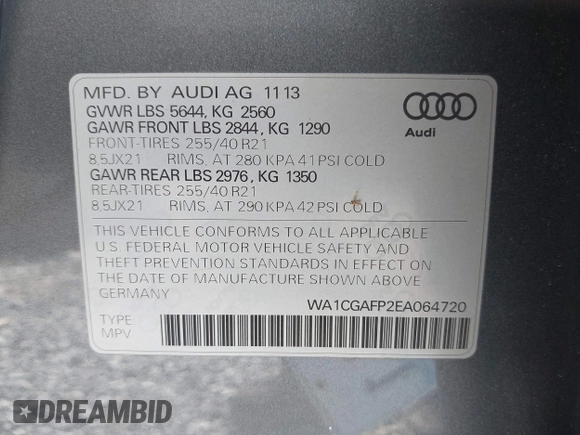 2014 Audi SQ5 Premium Plus with VIN WA1CGAFP2EA064720, listed as a IAAI auction lot 42560937 with 125,810 mi miles and . Bid and sale history available at DreamBid. Image 9.