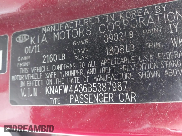 2011 Kia Forte SX with VIN KNAFW4A36B5387987, listed as a IAAI auction lot 41421863 with 157,305 mi miles. Bid and sale history available at carsss.com. Image 9.