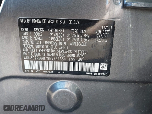 2022 Honda HR-V EX-L with VIN 3CZRU6H78NM731354, listed as a IAAI auction lot 41900197 with 63,729 mi miles. Bid and sale history available at carsss.com. Image 9.