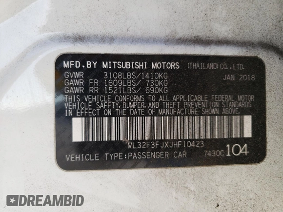 2018 Mitsubishi Mirage G4 ES with VIN ML32F3FJXJHF10423, listed as a Copart auction lot 38781514 with 105,034 mi miles. Bid and sale history available at carsss.com. Image 12.