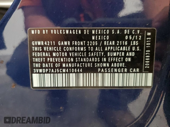 2012 Volkswagen Jetta SE z VIN 3VWDP7AJ5CM410644, wystawiony jako Copart lot #56464105 z przebiegiem 97 486 mil mil oraz Szkoda całkowita • Salvage title. Historia ofert i sprzedaży dostępna na DreamBid. Obrazek 12.