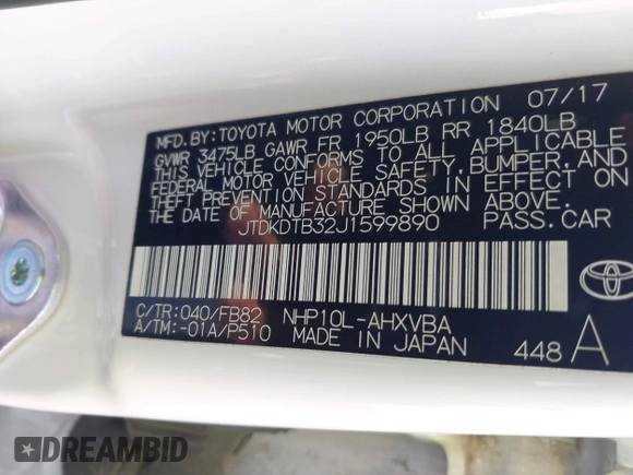 2018 Toyota Prius One with VIN JTDKDTB32J1599890, listed as a IAAI auction lot 42009820 with 57,959 mi miles and . Bid and sale history available at DreamBid. Image 9.