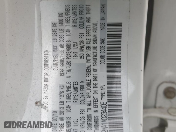 2010 Mazda CX-9 Sport with VIN JM3TB2MA1A0234405, listed as a Copart auction lot 52916135 with 183,646 mi miles and Salvage Title. Bid and sale history available at DreamBid. Image 15.