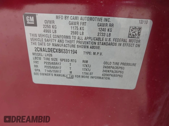 2011 Chevrolet Equinox 1LT with VIN 2CNALDECXB6331194, listed as a IAAI auction lot 41911440 with 126,759 mi miles and . Bid and sale history available at DreamBid. Image 9.